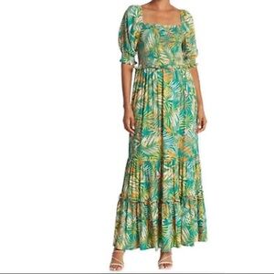 🌴Betsy Johnson Palm Leaf Print Tropical Smocked Maxi Dress. Size medium.🌴